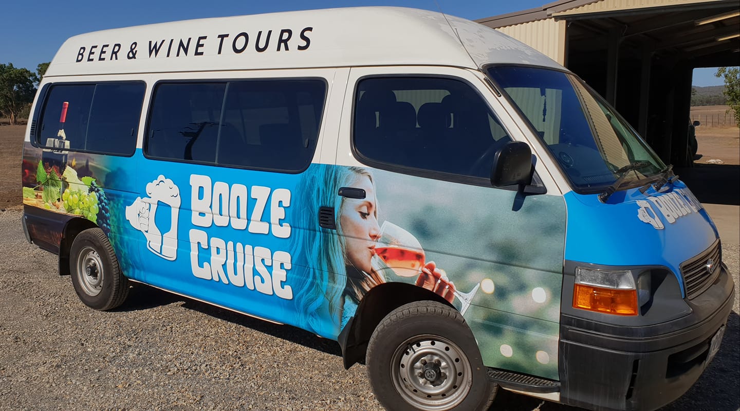 beer and wine tour bus with graphic decals - vehicle wraps Albury-Wodonga