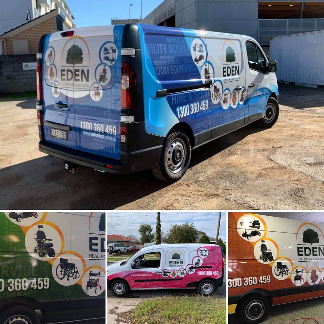 multiple eden healthcare vans with graphics and decals - vehicle wraps Albury-Wodonga